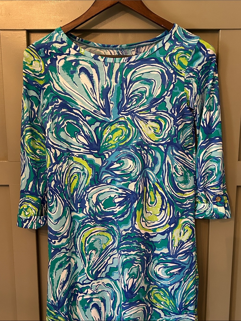 Lilly Pulitzer Linden Dress Oh Shucks Oyster Print Pima Cotton Blue Green XXS - Picture 5 of 9